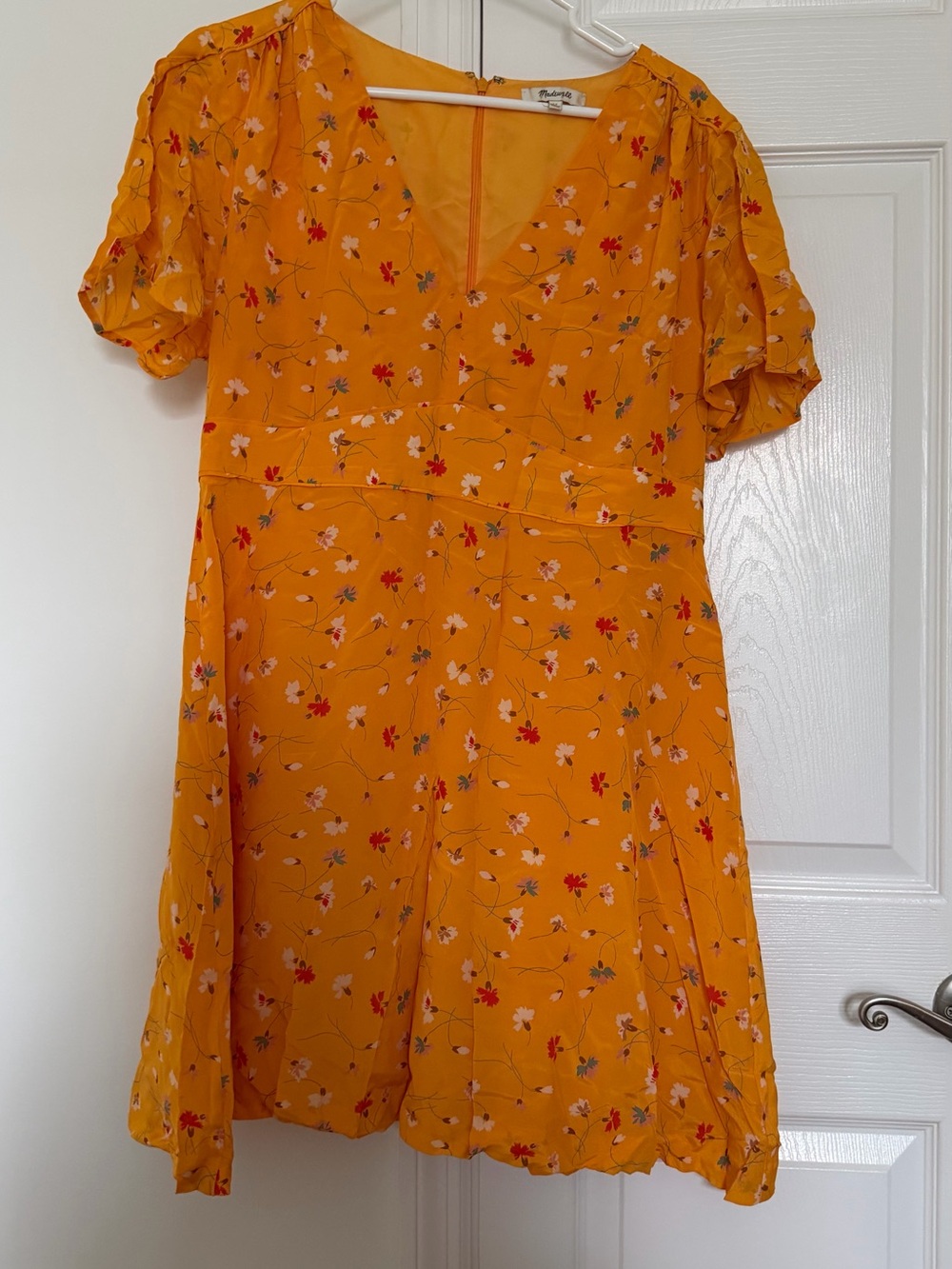 Madewell Mustard Yellow Floral Silk V-Neck Mini Dress